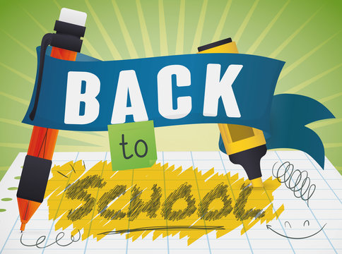Back to School Message with Mechanical Pencil and Marker, Vector Illustration
