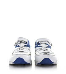 A new pair of white and blue trainers on a white background