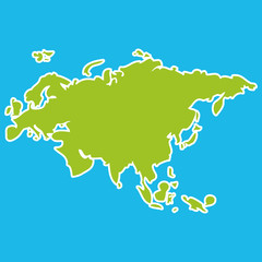 Eurasia map green continent  on blue background. Vector