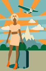 Woman traveler silhouette standing with baggage. Retro hair style. Cloudscape with retro airplane on backdrop