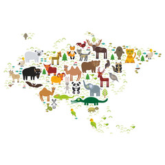 Fototapeta premium Eurasia animal bison bat fox wolf elk horse cock camel partridge fur seal Walrus goats Polar bear Eagle bull raccoon snake sheep panda leopard Brown bear deer gannet Crocodile turtle elephant. Vector