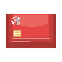 red  plastic card with chip. type of money payment.