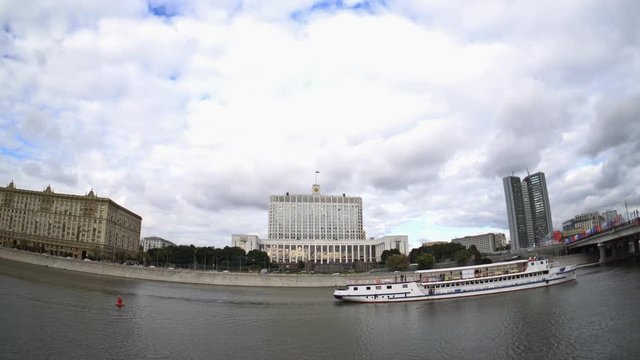 The House of the Government of the Russian Federation (the White House) and the Moskva River embankment. Fisheye. UHD - 4K. September 09, 2016. Moscow. Russia