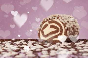 Delicious party cakes with heart shape symbols on colorful backg