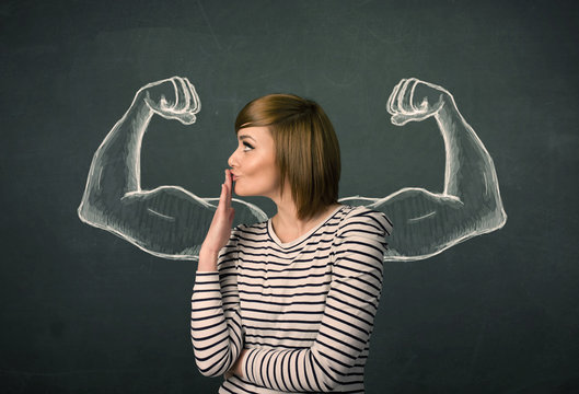 woman with sketched strong and muscled arms