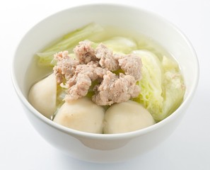 Lettuce Soup with Fish Meat Ball on White Background