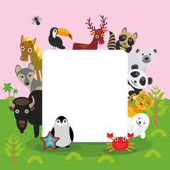 Obraz na płótnie Canvas Cute Cartoon animals set toucan deer raccoon horse wolf Bison Penguin starfish crab seal leopard panda polar bear, frame, card design, banner for text. Vector