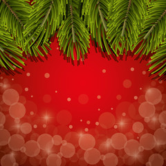 Fototapeta na wymiar green pine leaves frame decorationwith blurred lights and red background. christmas wallpaper. vector illustration