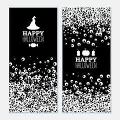 Happy Halloween vertical black banners with apple of the eye. Vector leaflet.