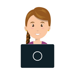 avatar young woman smiling cartoon working with laptop. vector illustration