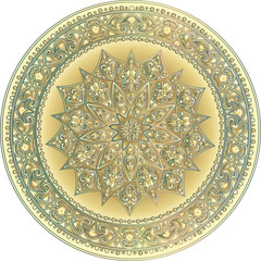 Drawing of a floral mandala with  gradient in gold and silver colors on a white background. Hand drawn tribal  vector stock illustration