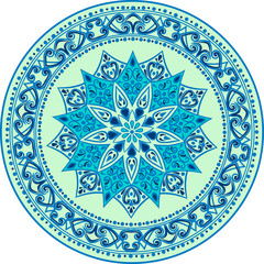 Drawing of a floral mandala in blue and turquoise colors on a white background. Hand drawn tribal  vector stock illustration