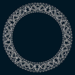 drawing of a round silver gradient frame  with floral ornament on a black background
