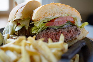hamburger fries rustic plate