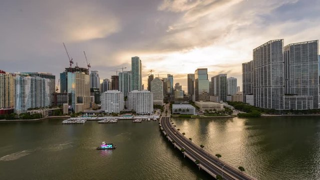 Miami, Florida, USA skyline time lapse over the bay.