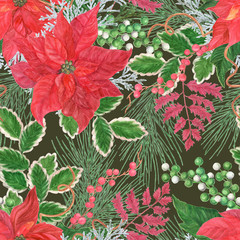 Seamless pattern with Watercolor painting Red poinsettia flower arrangement. Hand drawn Christmas