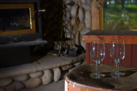 Wine Glasses next to fireplace