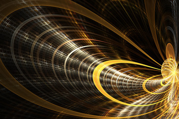 Dark labyrinth. Shining traces on black background. Creative fractal design in yellow, brown and white colors.