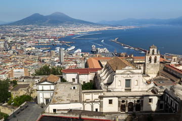 Napoli (Naples) and mount Vesuvius in the background at sunset in a summer day, Italy, Campania