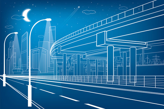 Automotive flyover, architectural and infrastructure composition, transport overpass, highway, white lines urban scene, night city on background, vector design art