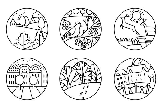 Thin simply round icons set with urban and nature winter landscapes.