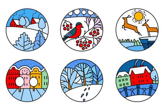 Thin simply round icons set with urban and nature  winter landscapes.