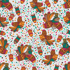 Seamless texture. Multicolor pattern of birds and flowers. very detailed doodles