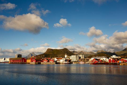 View on Svolvaer town, Lofoten, with surrounding mountains in th
