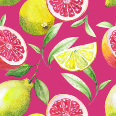Nice handmade pattern of tea leafs and citrus fruits: lemon, grapefruit, orange, lime. Watercolor. 