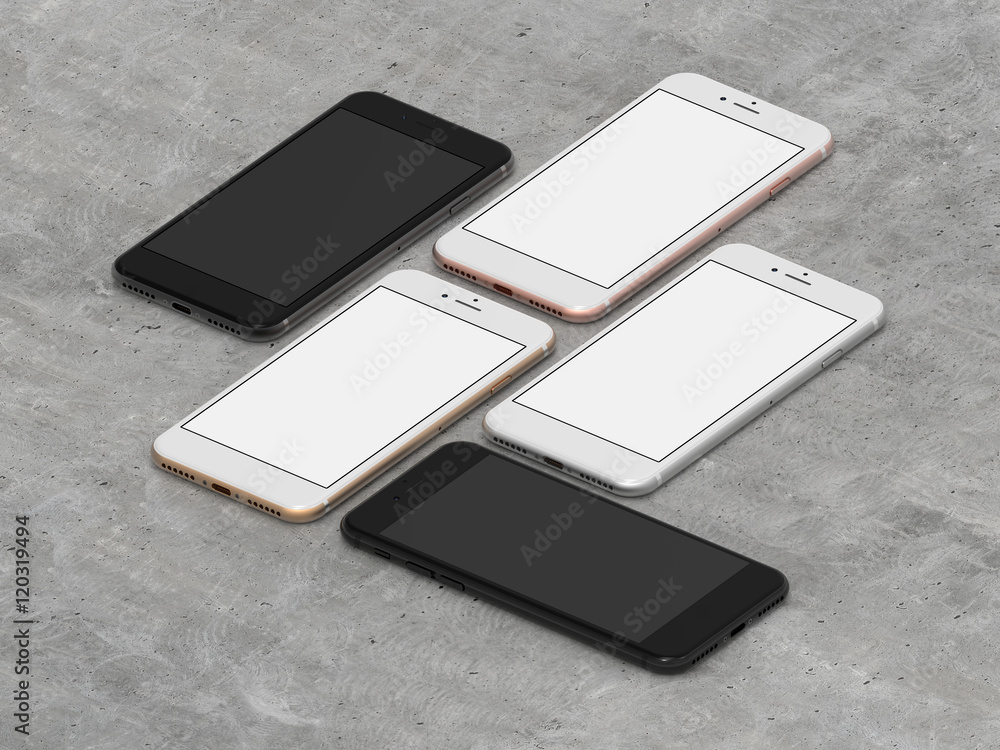 Wall mural set of five smartphones gold, rose, silver, black and black polished. template, mockup.