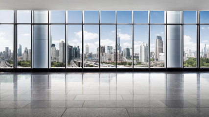 cityscape and skyline of shanghai from glass window