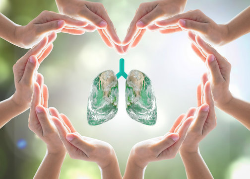 Healthy lung shape world design logo concept idea with heart-shape hands protection. Element of this image furnished by NASA