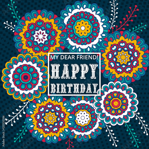 "Happy Birthday card. on decorated mandala background. template , gift certificate, party ...