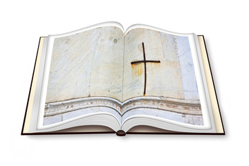 3D render of an opened photobook with christian iron cross