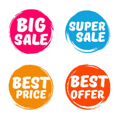 Set of vintage round labels. Decorative handmade sticker design. Big sale, super sale, best price, best offer