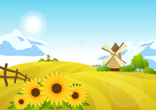 Vector illustration: Rural landscape.  fields and windmills