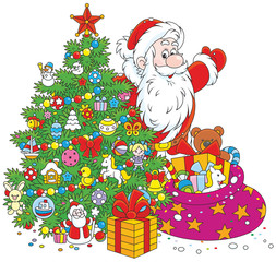 The night before Christmas, Santa Claus with his holiday gifts and a festively decorated fir