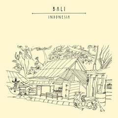 A local store and a scooter in Kedonganan, Jimbaran beach, Bali, Indonesia, Asia. Beach view. Hand drawing. Travel sketch. Book illustration, postcard or poster