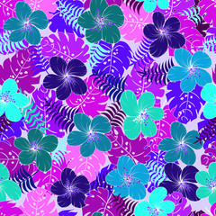 Bright seamless  pattern with palm tree leaves and  flowers. Multicolor texture