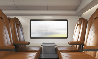 Fototapeta premium Four brown armchairs in train compartment