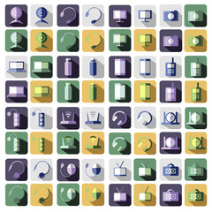 Set of vector technology flat icons of PC, monitor, headphones, router, battery, USB flash drive, web camera.