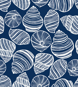 vector hand-drawn dark seamless background with seashells