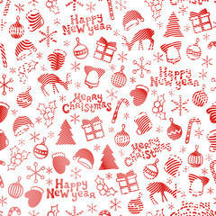 Merry Christmas and Happy New Year 2017. Christmas season hand drawn seamless pattern. Vector illustration. Doodle style. Decorations. Winter holiday backgrounds for design. Deer, snowflakes, Santa