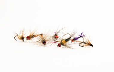 Set of lures flies for fly fishing on a uniform white background close-up front view. Elements of fishing equipment or tackle for fly fishing 