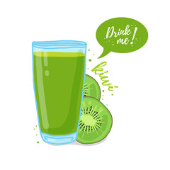 Design Template banner, poster, icons kiwi smoothies. Illustration of kiwi juice Drink me. Freshly squeezed tropical kiwi juice for healthy life. A glass of juice in doodle cute style. Vector.