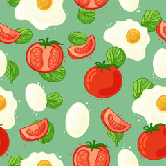 Seamless background with the ingredients for breakfast. Wallpaper with the decor of tomato, chicken eggs and herbs spinach. Vegetable backdrop. Vector.