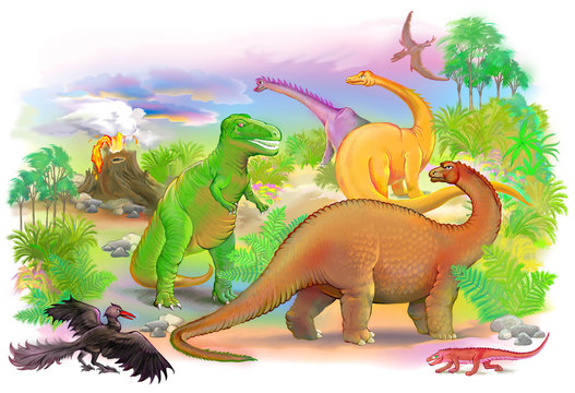World of prehistoric animals. Illustration drawing on computer by graphic tablet.