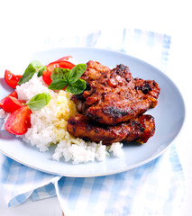 Honey and mustard pork ribs and rice