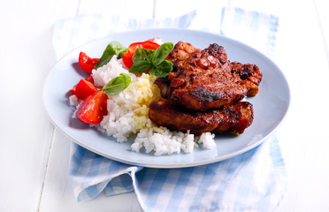 Honey and mustard pork ribs and rice