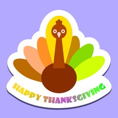 vector illustration with happy thanksgiving colorful lettering and turkey sticker background